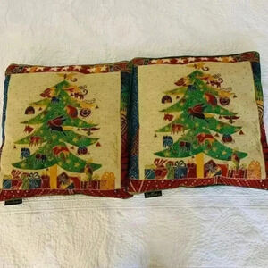 Laurel Burch Cats Pets Christmas Tree Tapestry 2Pillows Green Faux Velvet Back